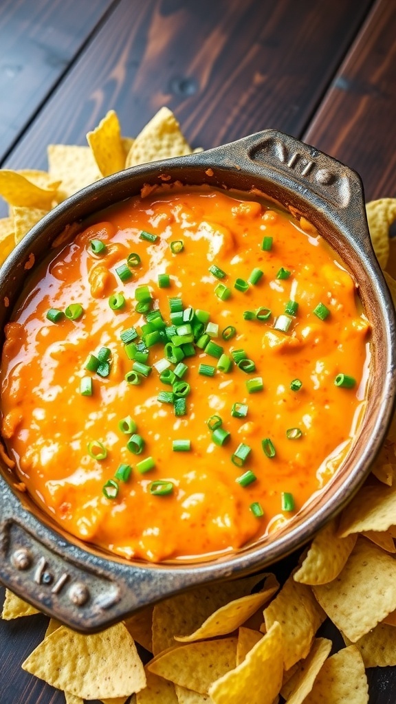 A bubbling dish of Buffalo Chicken Dip garnished with green onions, served with tortilla chips on a rustic table.